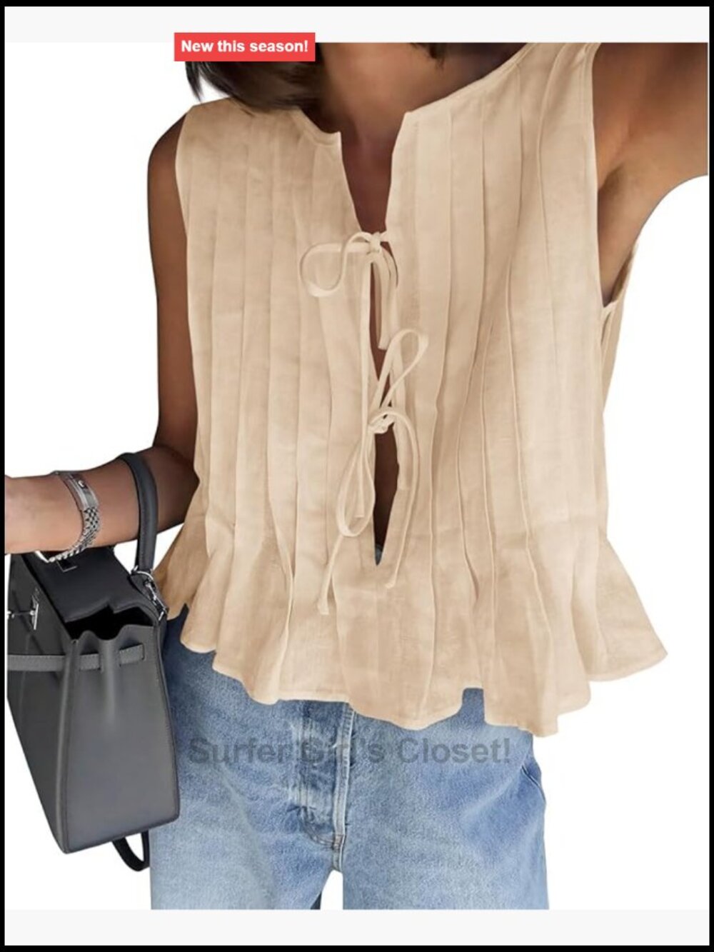Bow Front Tie Tank Top with Pleated Ruffle Peplum Sleeveless Babydoll Shirt